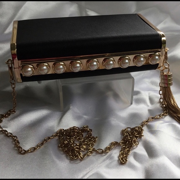Gold Metal Frame Black Leatherette Fashion Clutch Bag - Picture 3 of 11